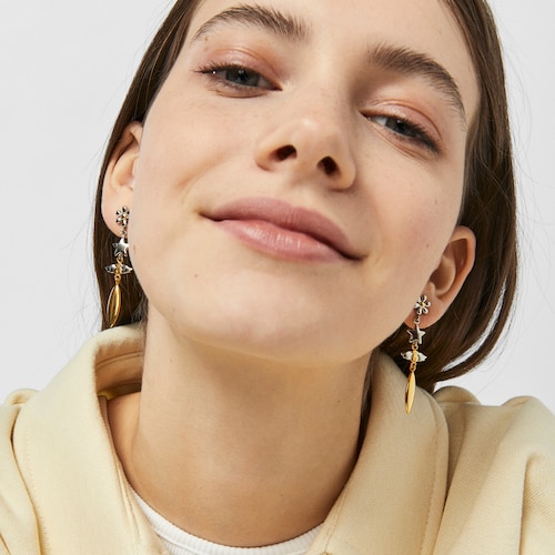 Long gold colored IP Steel Fragile Nature Earrings