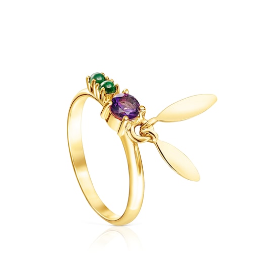 Anillo hojas de plata vermeil y gemas Fragile Nature