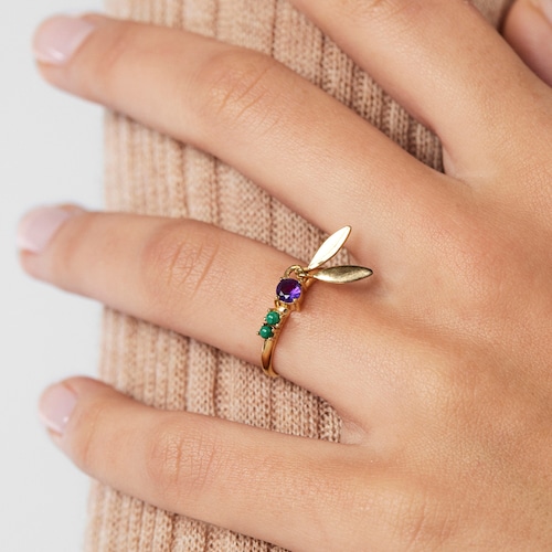 Anillo hojas de plata vermeil y gemas Fragile Nature