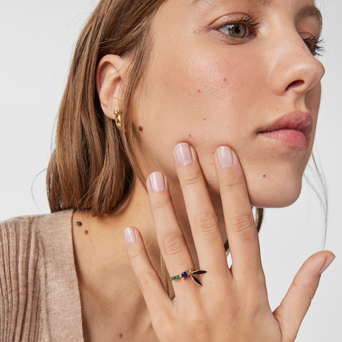Anillo hojas de plata vermeil y gemas Fragile Nature