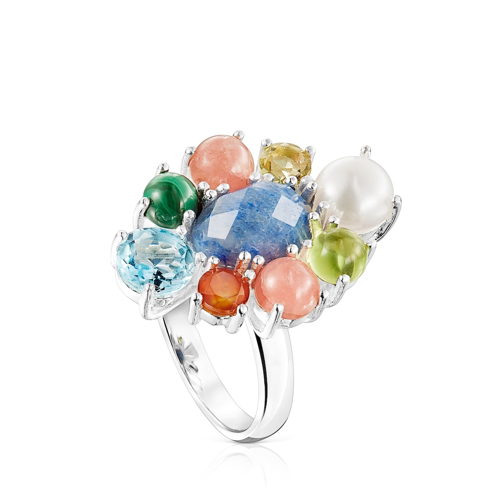 Anillo Fragile Nature roset&oacute;n de plata y gemas