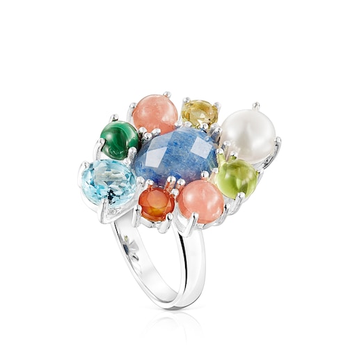 Anillo Fragile Nature roset&oacute;n de plata y gemas