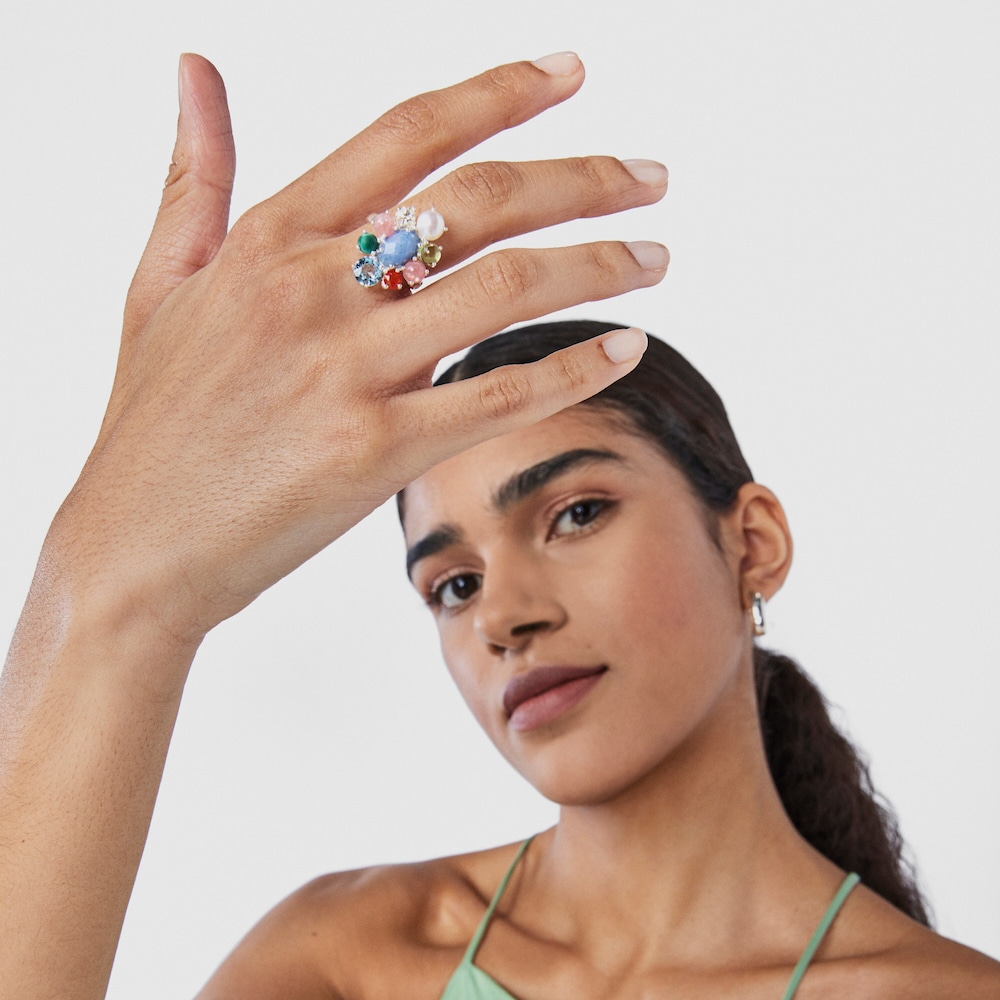 Anillo Fragile Nature roset&oacute;n de plata y gemas