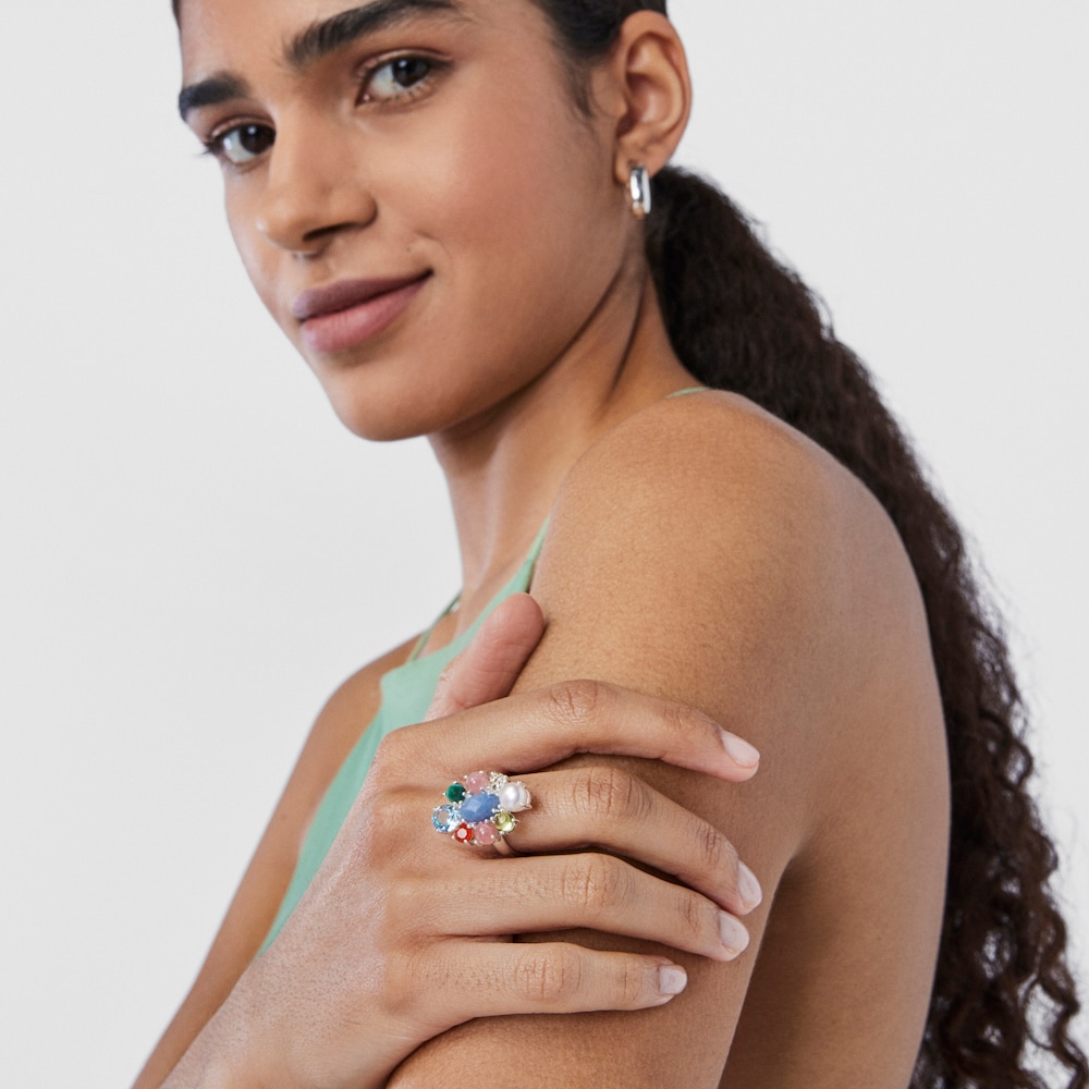 Anillo Fragile Nature roset&oacute;n de plata y gemas