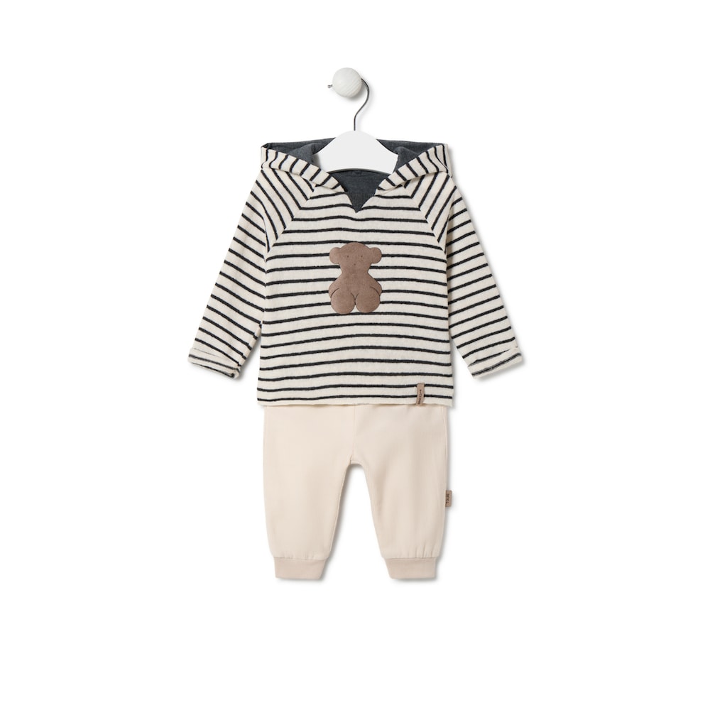 Boys outfit made from plain and striped fabrics in Black ecru