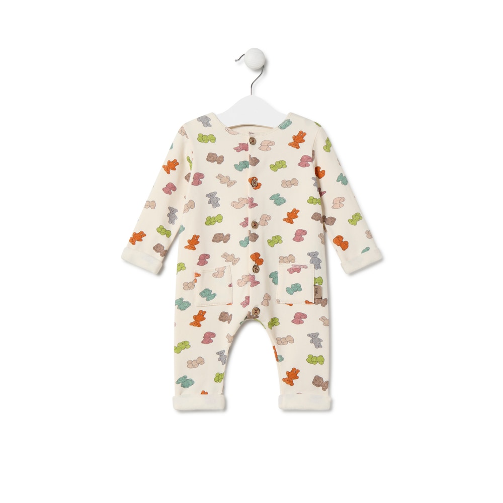 Baby playsuit with multicoloured bears in ecru