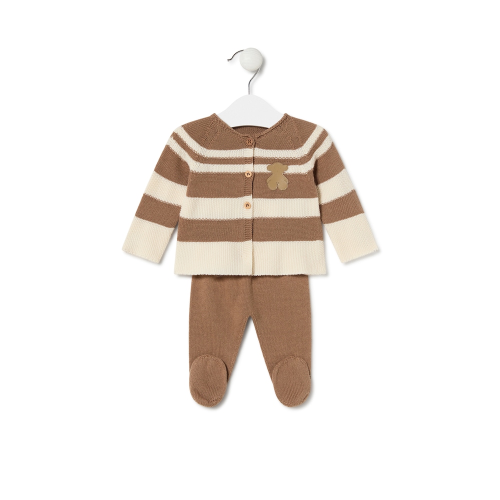 Conjunto de malha de beb&eacute; Tricot &agrave;s riscas bege