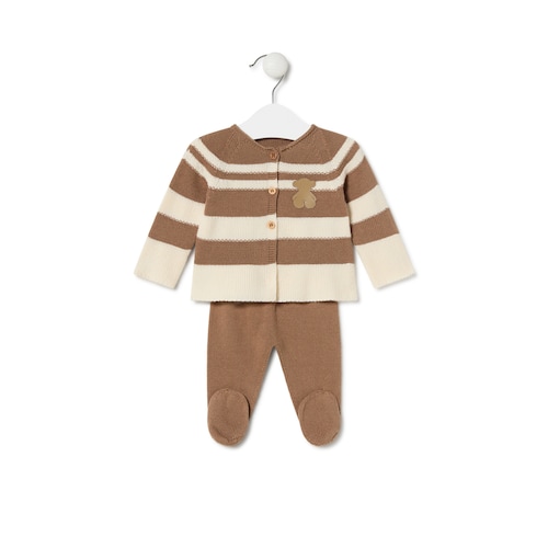 Conjunto de malha de beb&eacute; Tricot &agrave;s riscas bege