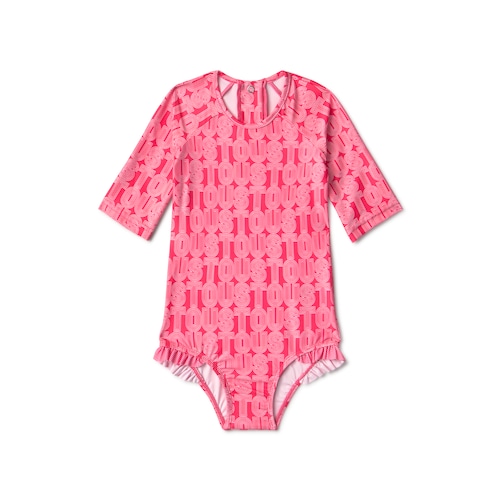 Girls one-piece swimsuit with long sleeves in Line coral