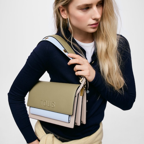 Sac &agrave; bandouli&egrave;re taupe et vert moyen TOUS Audree Saffiano