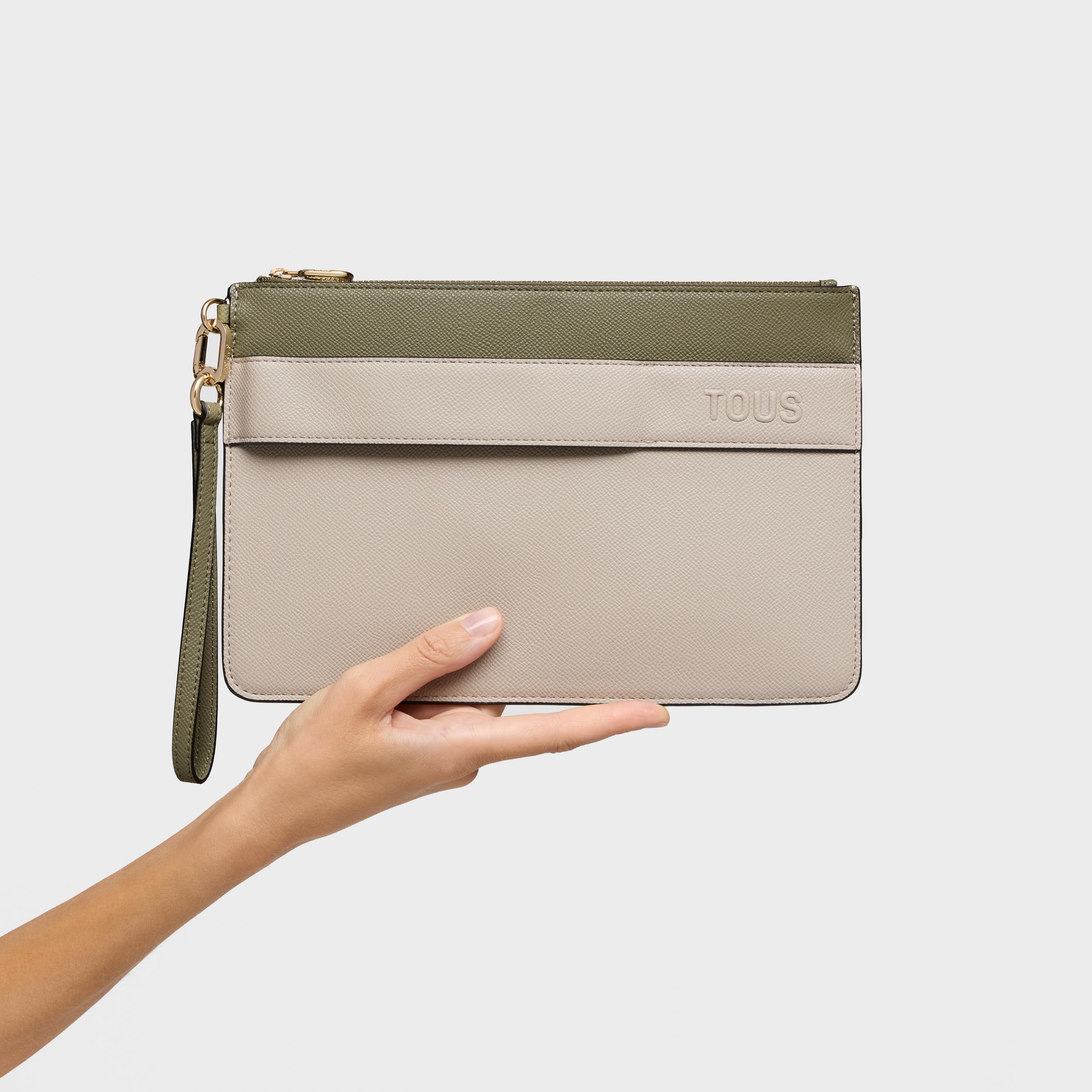 Taupe and olive green Clutch bag TOUS Audree Saffiano