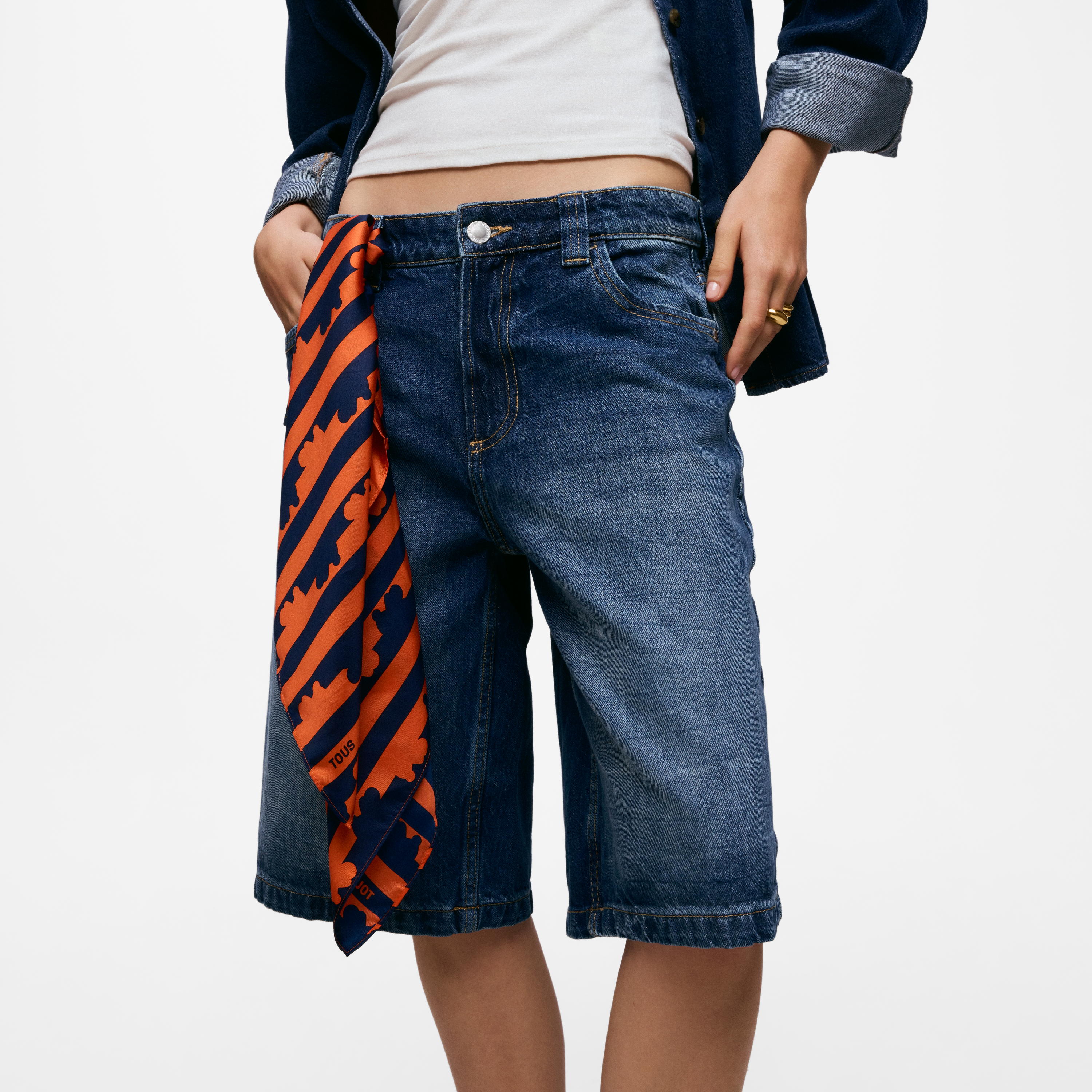 Navy blue and orange silk Scarf TOUS Bear Stripes