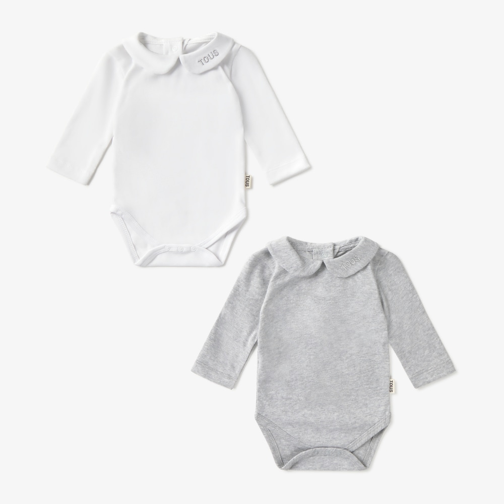 Set of Tender grey baby bodysuits with Claudine collar