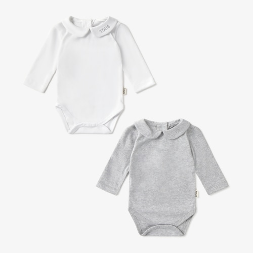 Set of Tender grey baby bodysuits with Claudine collar