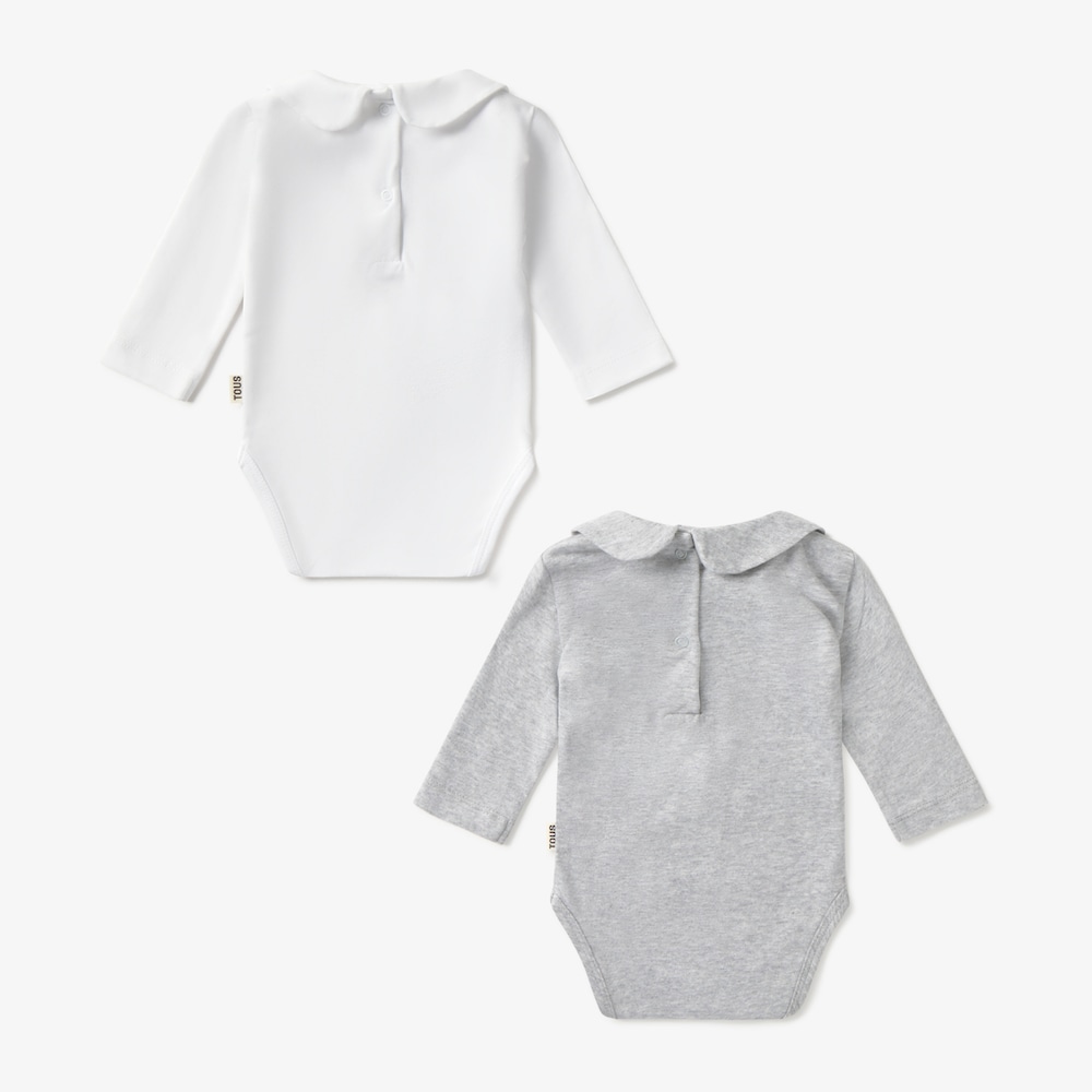 Set of Tender grey baby bodysuits with Claudine collar