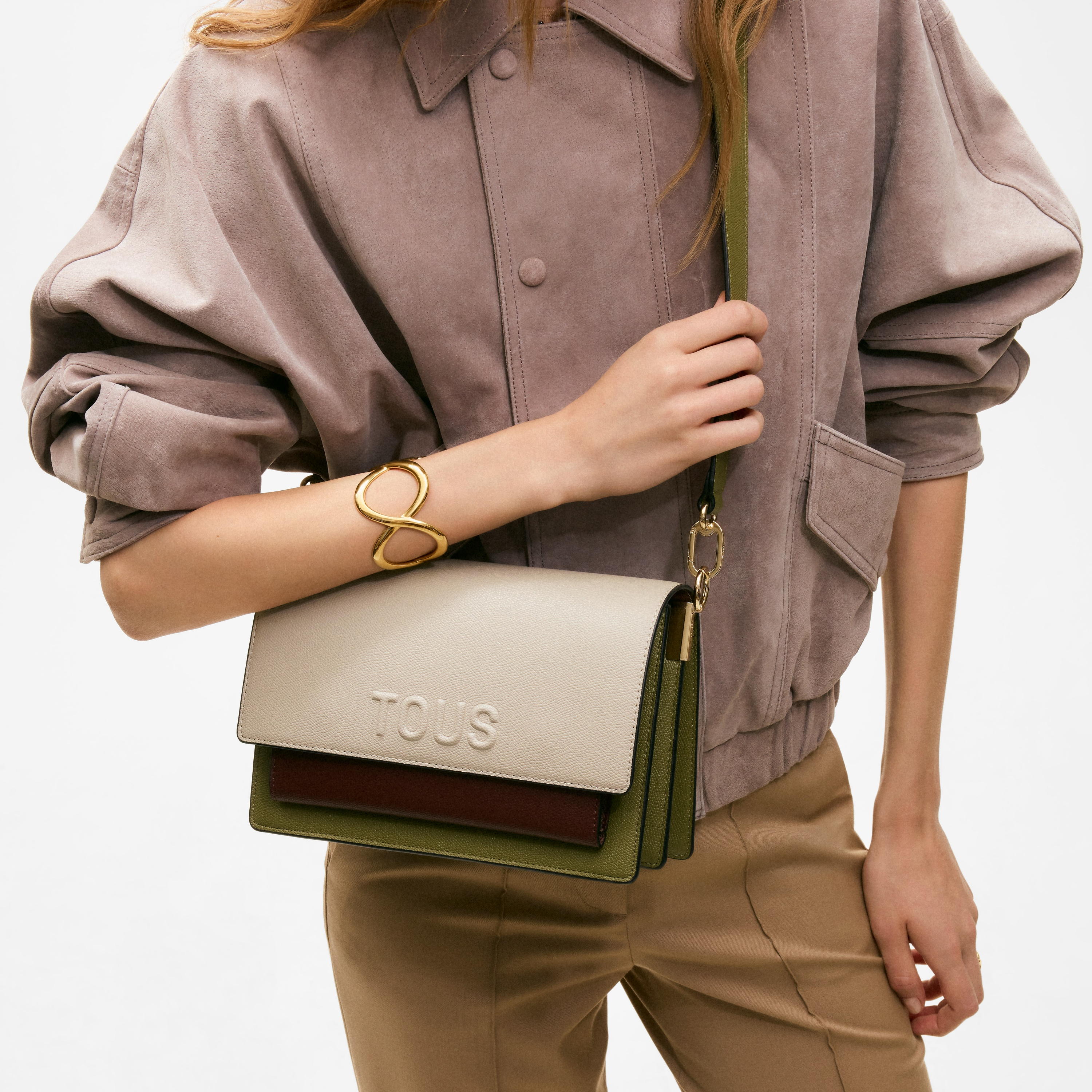 Medium taupe and green Crossbody bag TOUS Audree Saffiano