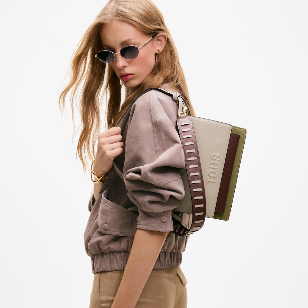 Sac &agrave; bandouli&egrave;re taupe et vert moyen TOUS Audree Saffiano