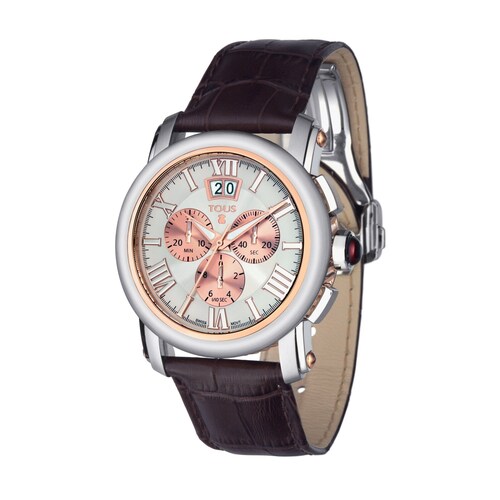 Reloj anal&oacute;gico Born bicolor de acero/IP rosado con correa de piel marr&oacute;n image number 0