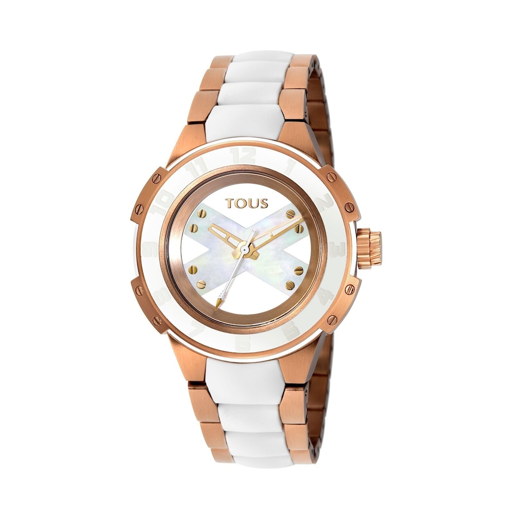Montre Xtous Lady bi-couleur en Acier/IP ros&eacute; et blanc avec bracelet en Silicone blanc
