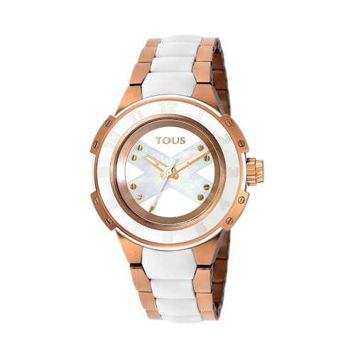 Reloj anal&oacute;gico Xtous Lady bicolor de acero IP rosado/blanco con correa de silicona blanca