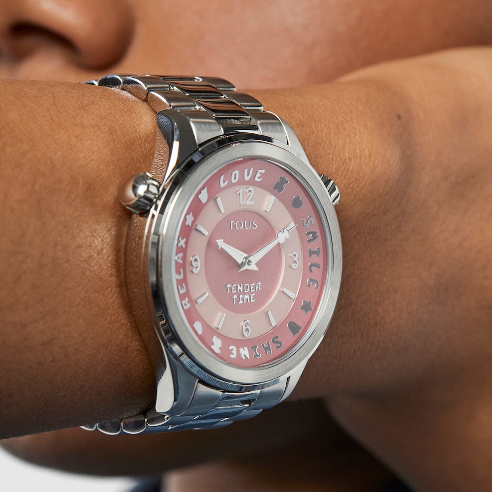 Stainless steel Tender Time Watch with pink dial