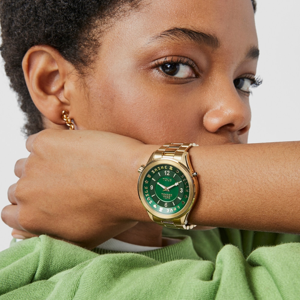 Reloj anal&oacute;gico Tender Time de acero inoxidable con esfera en verde