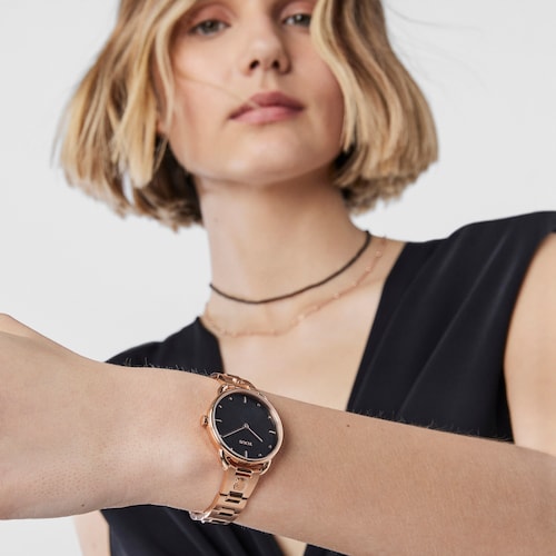 Montre Let Brazalete en acier/IP ros&eacute; avec cadran noir