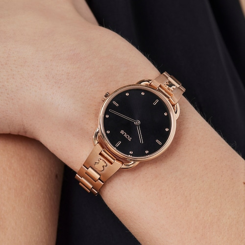 Montre Let Brazalete en acier/IP ros&eacute; avec cadran noir