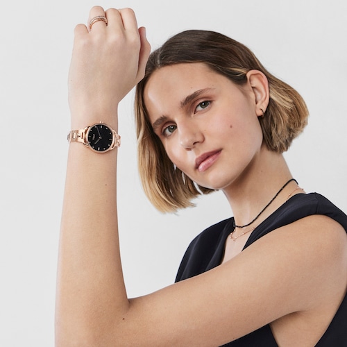 Montre Let Brazalete en acier/IP ros&eacute; avec cadran noir