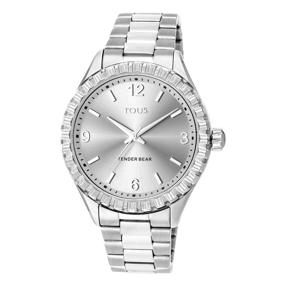 Reloj analógico Tender Bear de acero IP plateado con relieve de osos image number 0