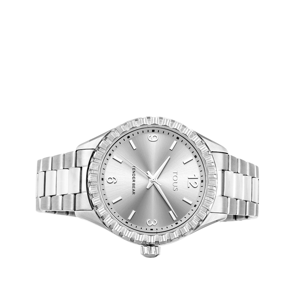 Reloj anal&oacute;gico Tender Bear de acero IP plateado con relieve de osos