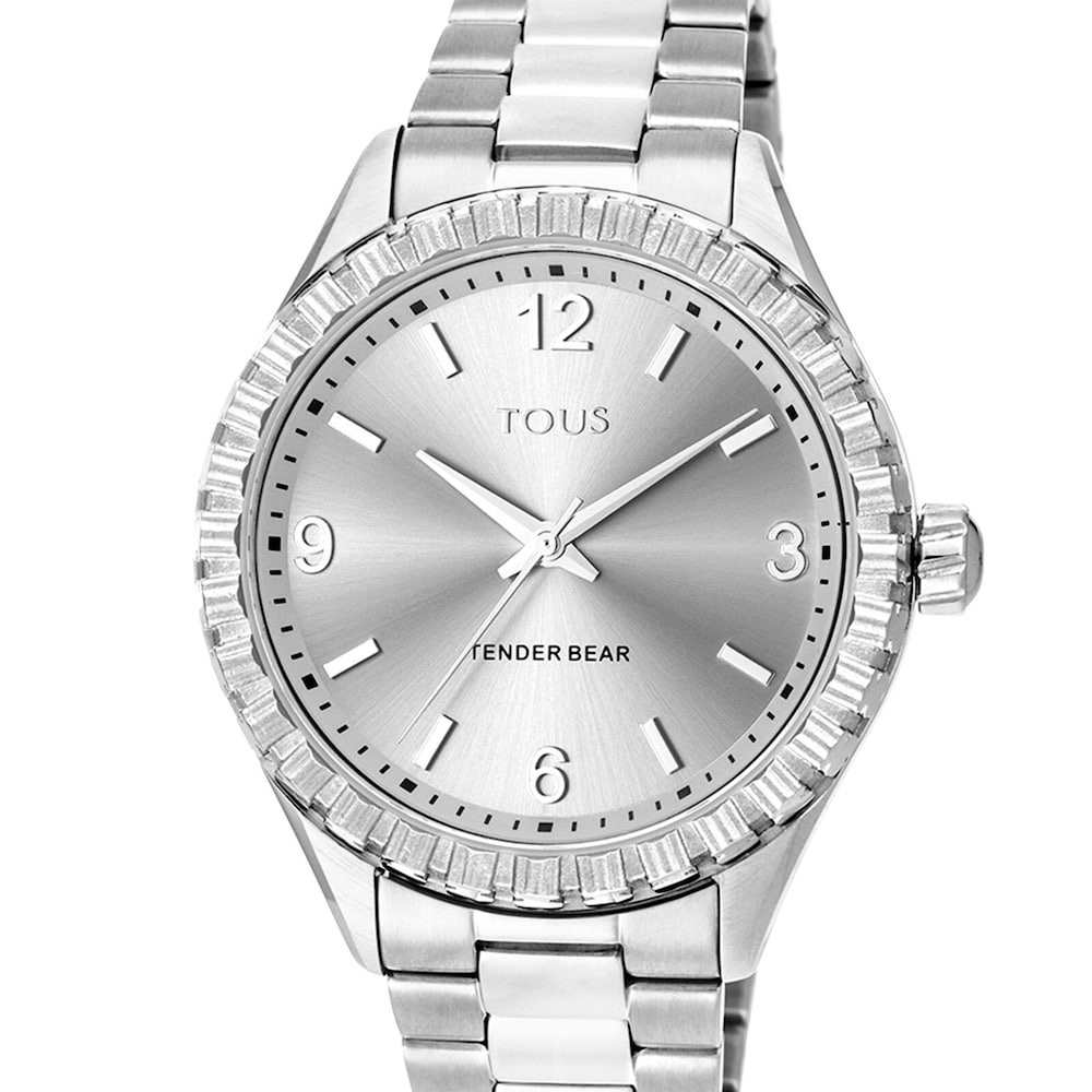 Reloj anal&oacute;gico Tender Bear de acero IP plateado con relieve de osos
