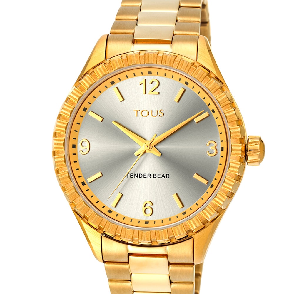 Reloj anal&oacute;gico Tender Bear de acero IP dorado con relieve de osos
