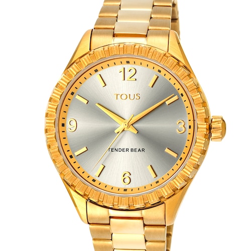 Relógio Tender Bear com relevo de ursos em aço IP dourado