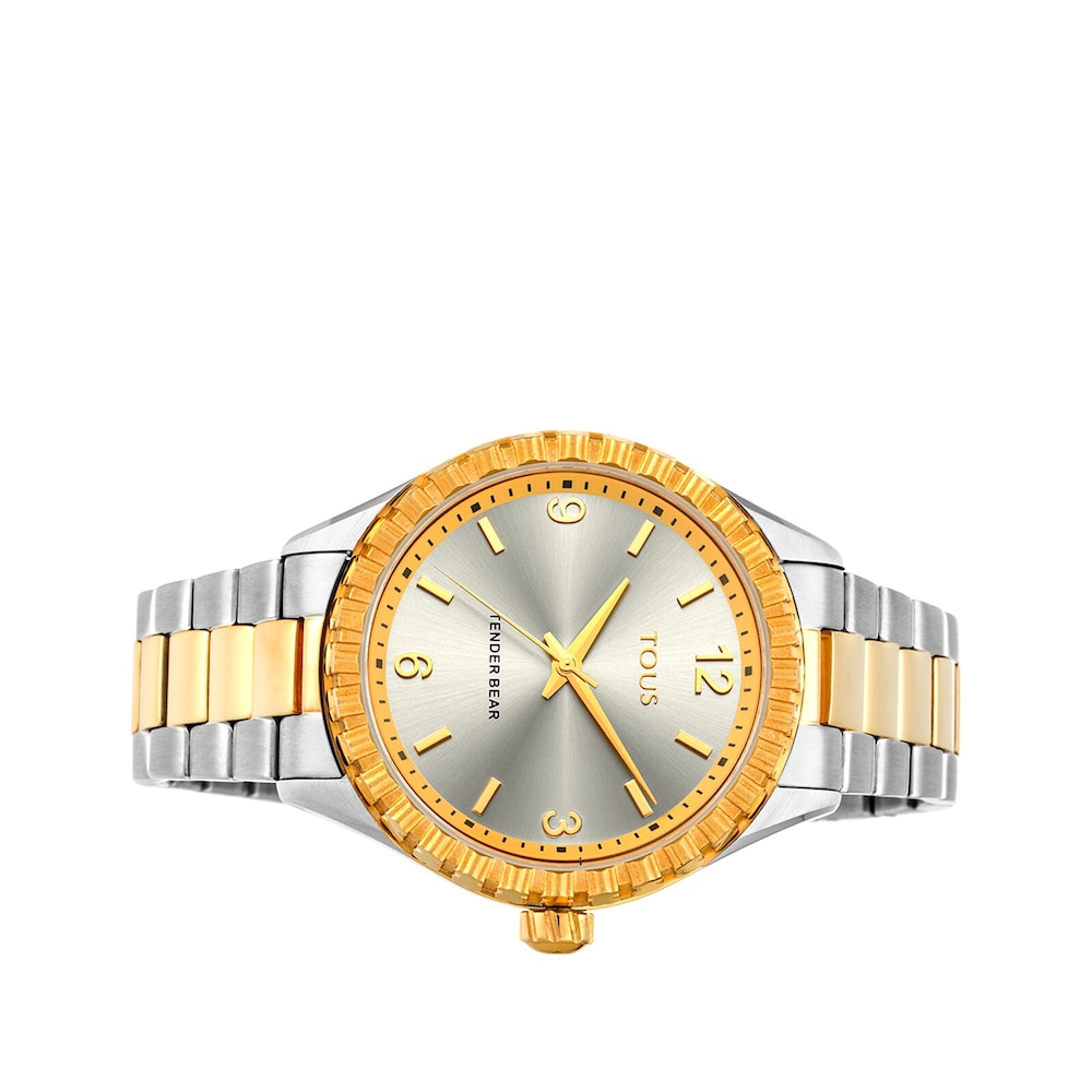 Reloj anal&oacute;gico Tender Bear de acero IP bicolor dorado con relieve de osos