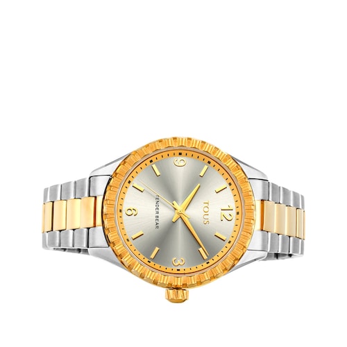 Relógio Tender Bear com relevo de ursos em aço IP bicolor dourado