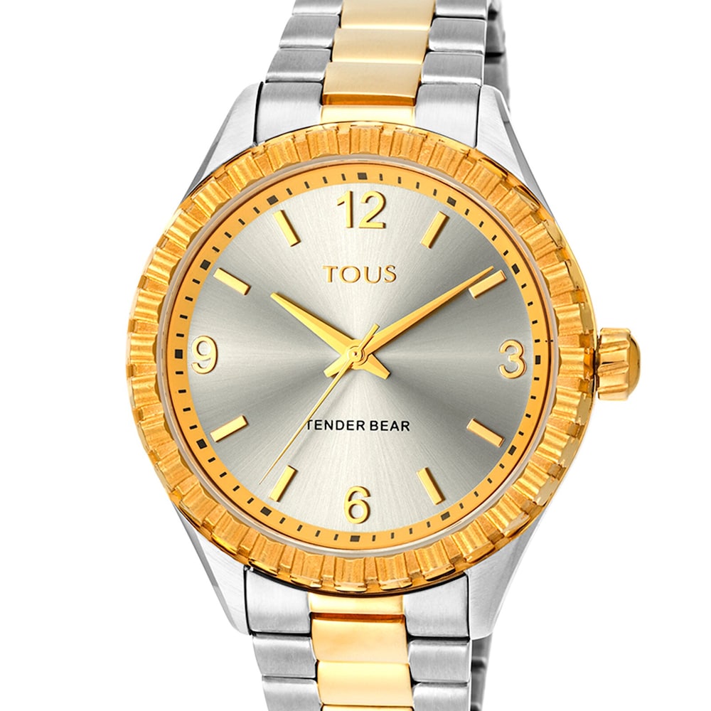 Reloj anal&oacute;gico Tender Bear de acero IP bicolor dorado con relieve de osos
