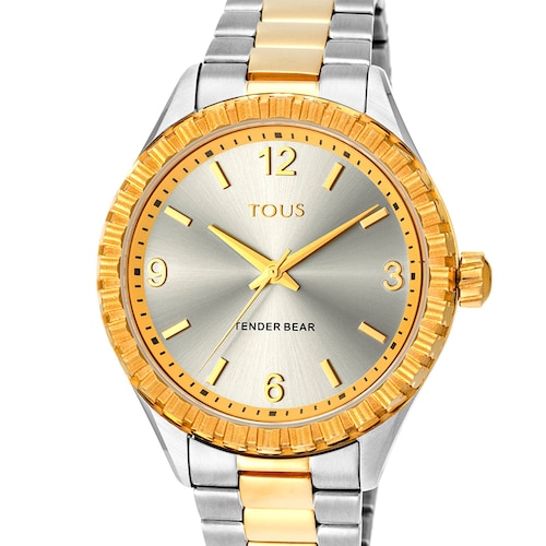 Relógio Tender Bear com relevo de ursos em aço IP bicolor dourado