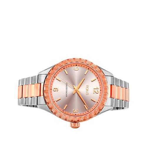 Reloj analógico Tender Bear de acero IP bicolor rosado con relieve de osos