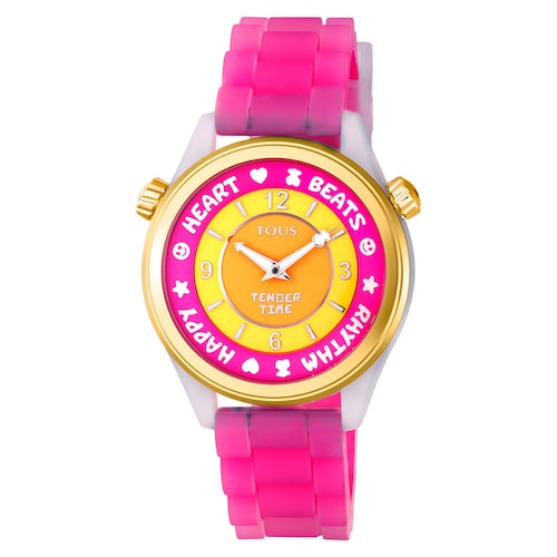Reloj anal&oacute;gico TOUS Tender Time de acero con correa de silicona rosa y esfera amarilla