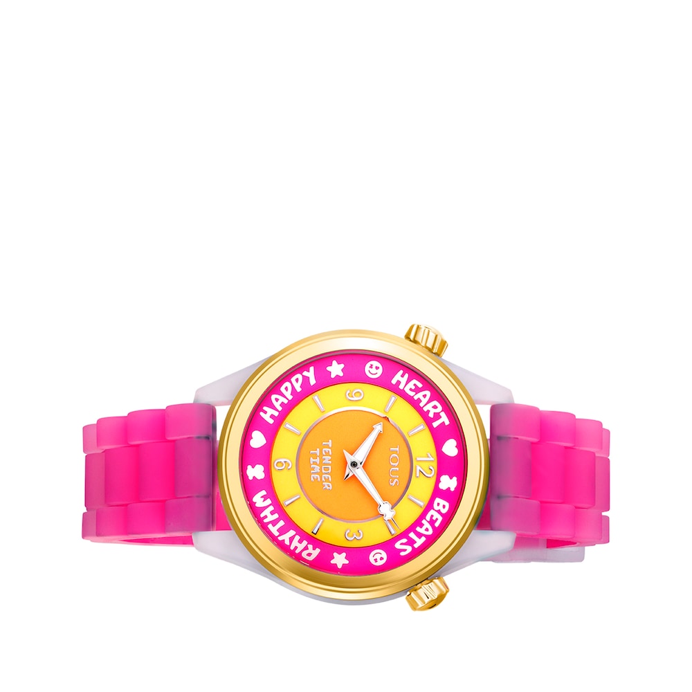 Steel TOUS Tender Time Watch with pink silicone strap and yellow dial