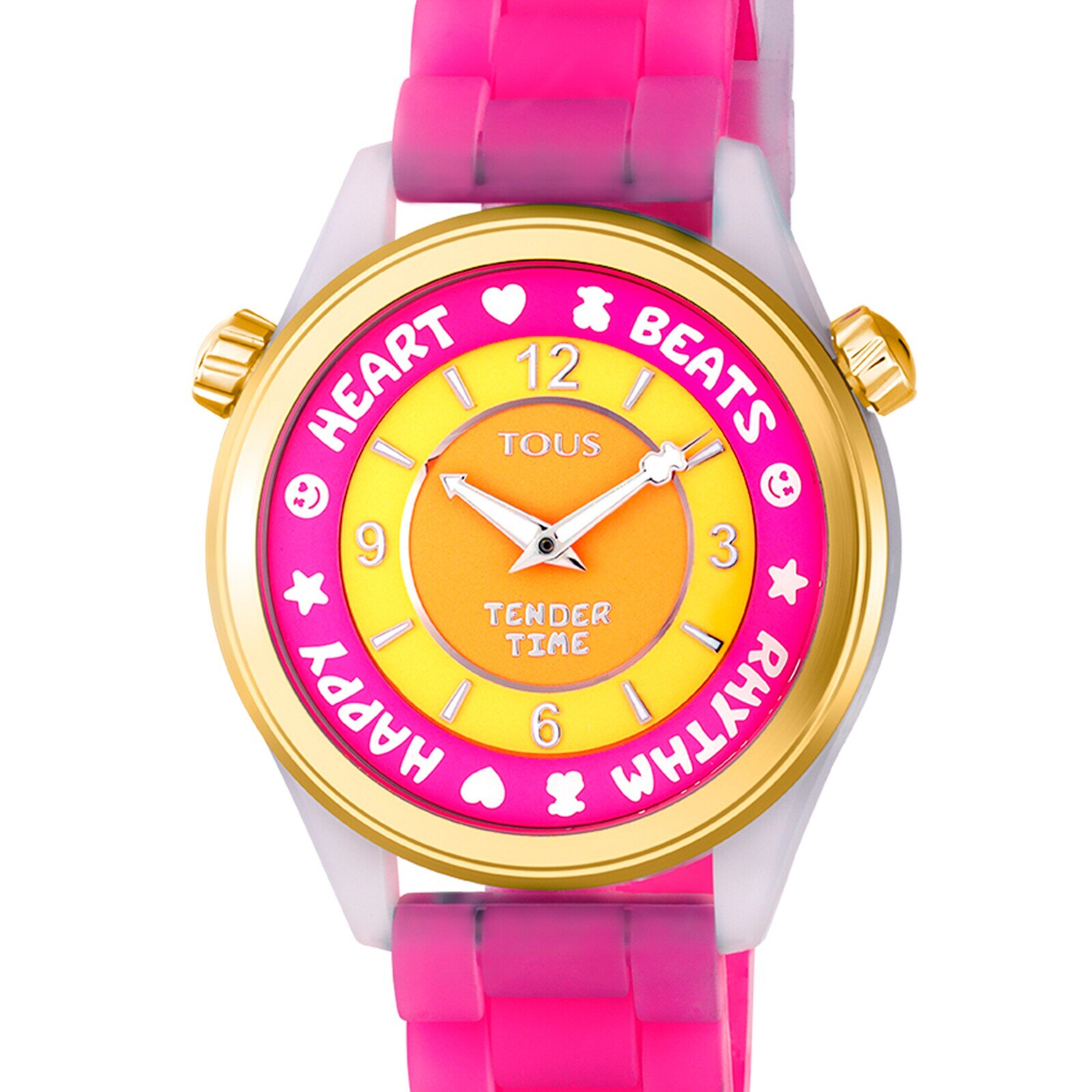 Steel TOUS Tender Time Watch with pink silicone strap and yellow dial