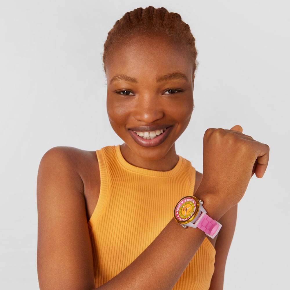 Reloj anal&oacute;gico TOUS Tender Time de acero con correa de silicona rosa y esfera amarilla