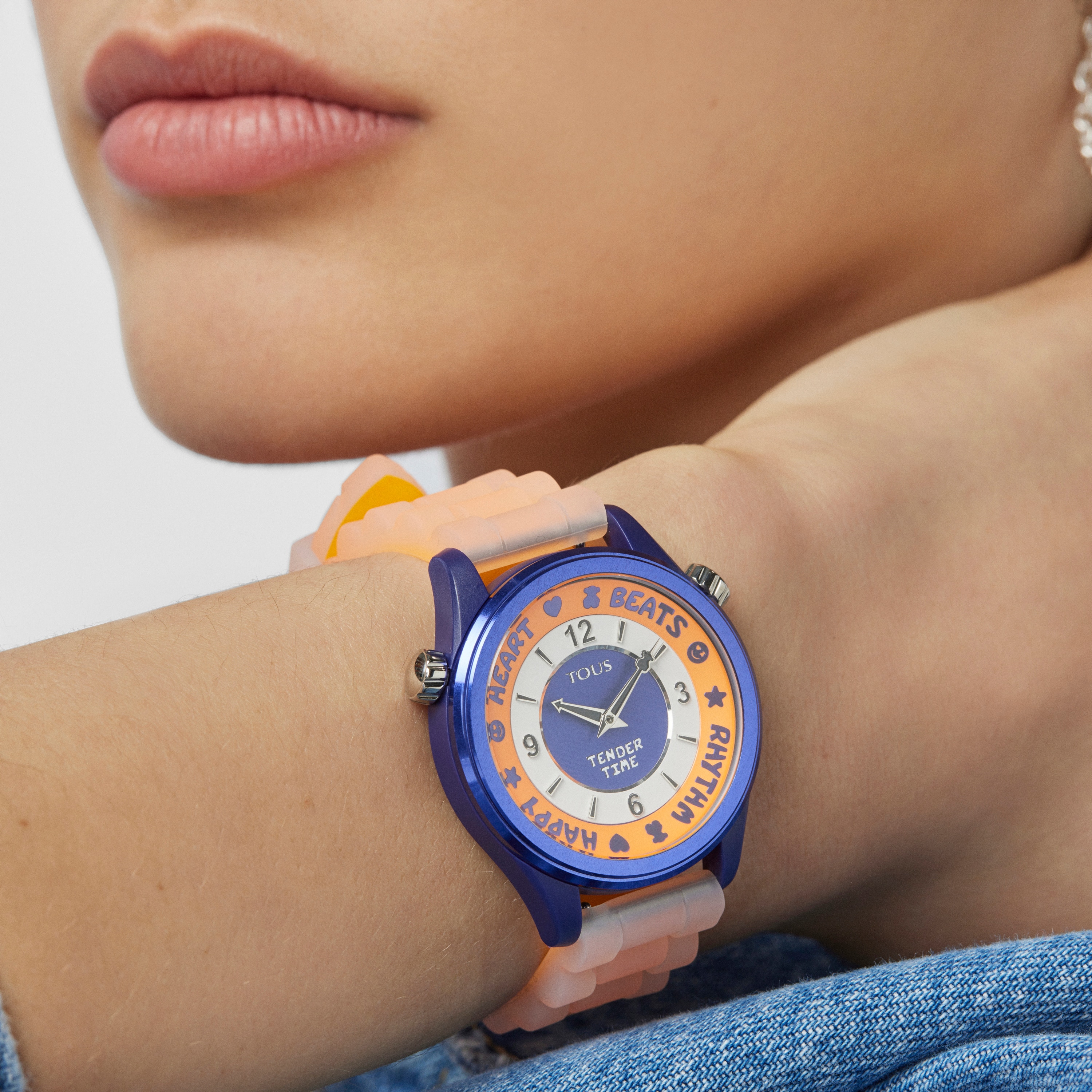 Steel TOUS Tender Time Watch with orange silicone strap and blue dial
