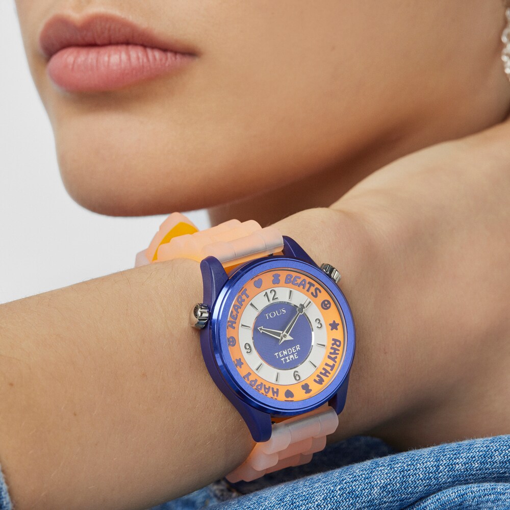 Steel TOUS Tender Time Watch with orange silicone strap and blue dial image number 4