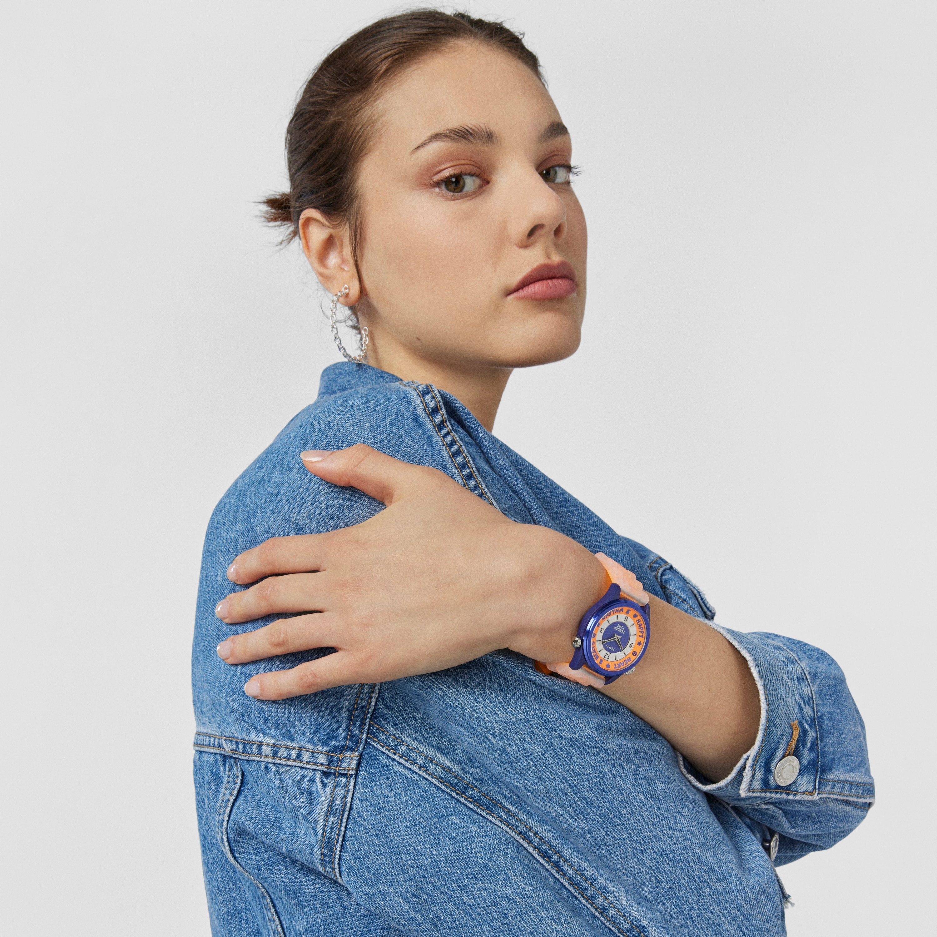 Steel TOUS Tender Time Watch with orange silicone strap and blue dial