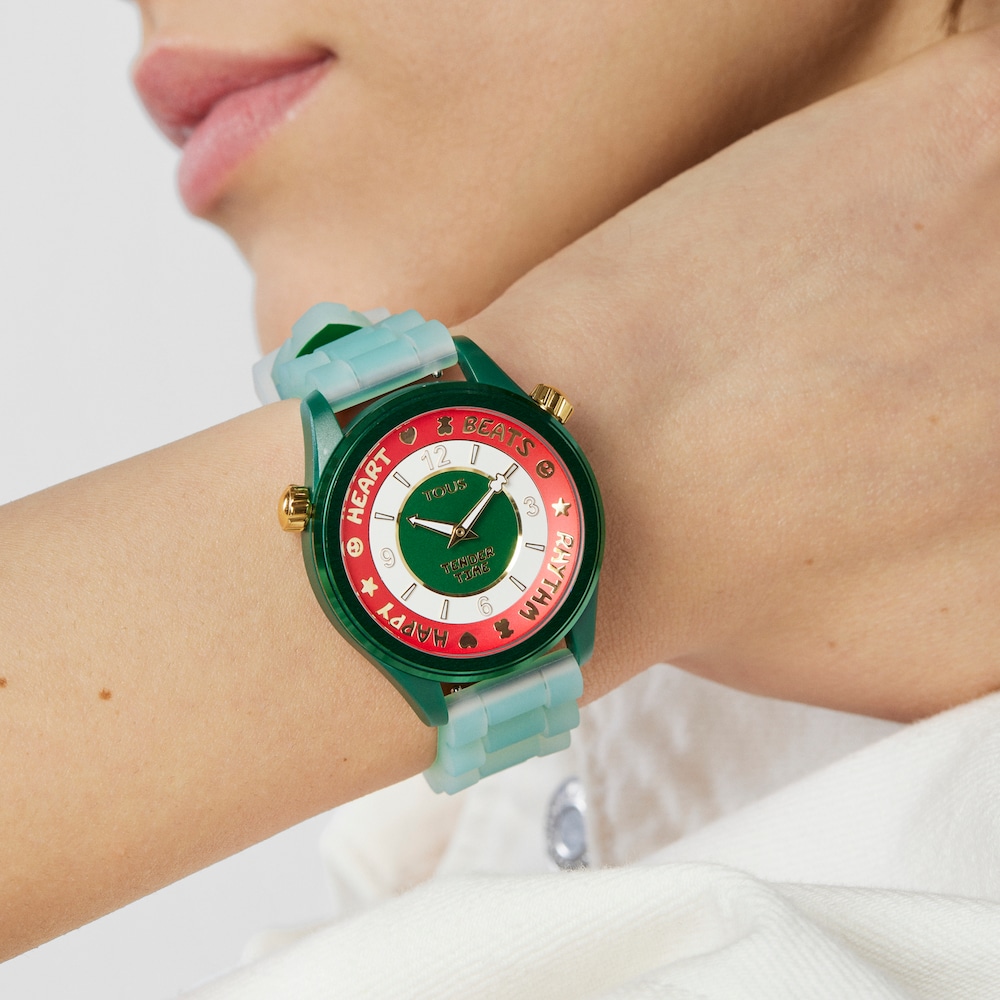 Steel TOUS Tender Time Watch with green silicone strap and green dial