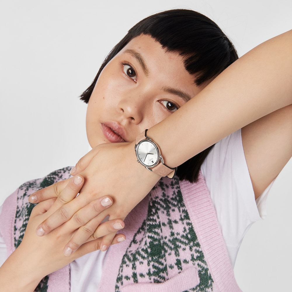 Reloj anal&oacute;gico Dai de acero con correa de piel Kaos rosa