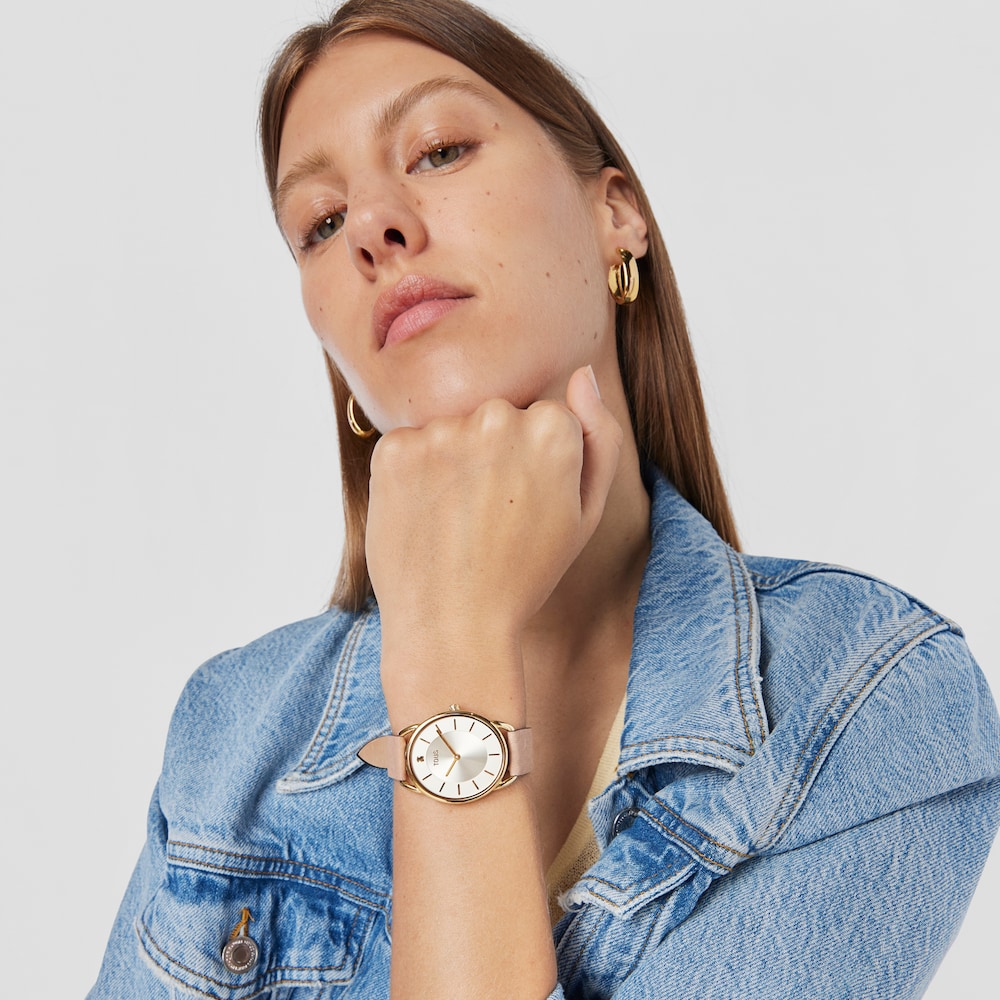 Rel&oacute;gio anal&oacute;gico Dai XL em a&ccedil;o com correia em pele Kaos rosa