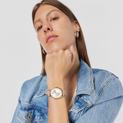 Rel&oacute;gio anal&oacute;gico Dai XL em a&ccedil;o com correia em pele Kaos rosa